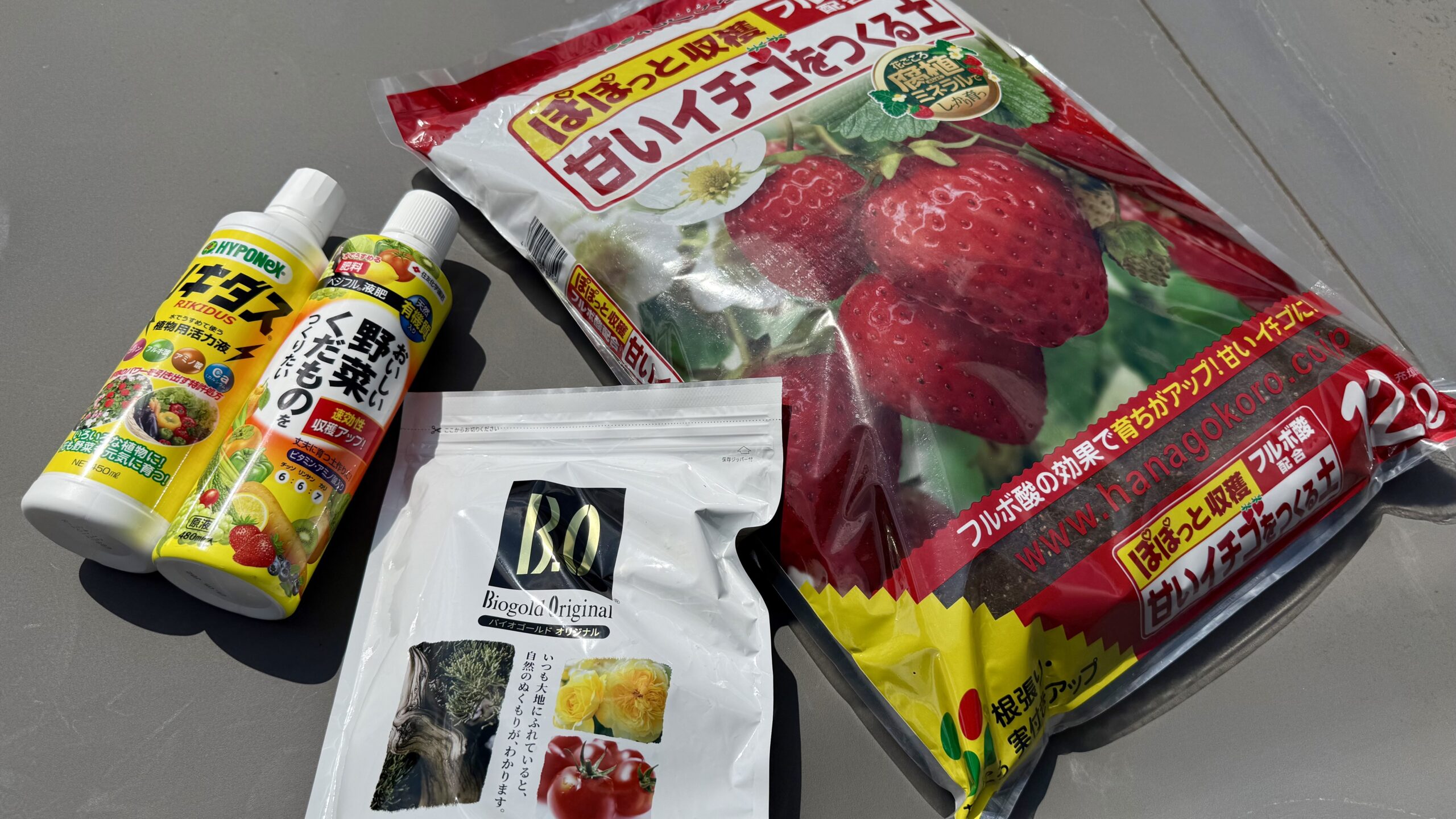 いちご栽培に使っている肥料と培養土を並べた様子。バイオゴールド、ハイポネックス、甘いイチゴをつくる土など